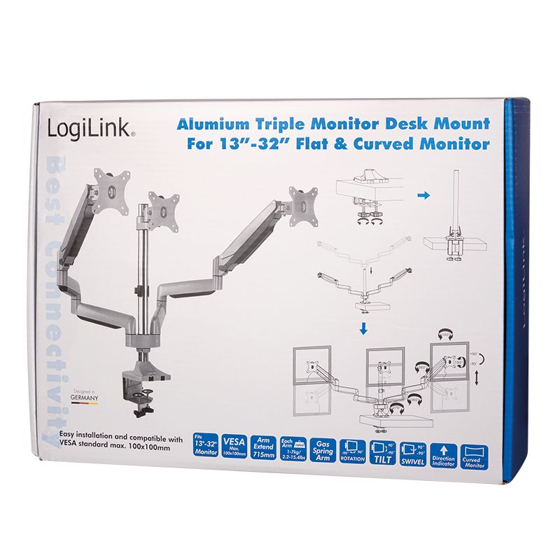 Logilink BP0052 Triple alumium monitor desk mount, tilt -90/+90, swivel -90/+90, level adjustment -90/+90