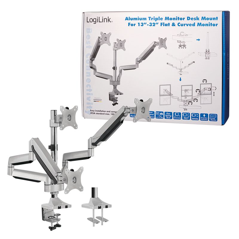 Logilink BP0052 Triple alumium monitor desk mount, tilt -90/+90, swivel -90/+90, level adjustment -90/+90