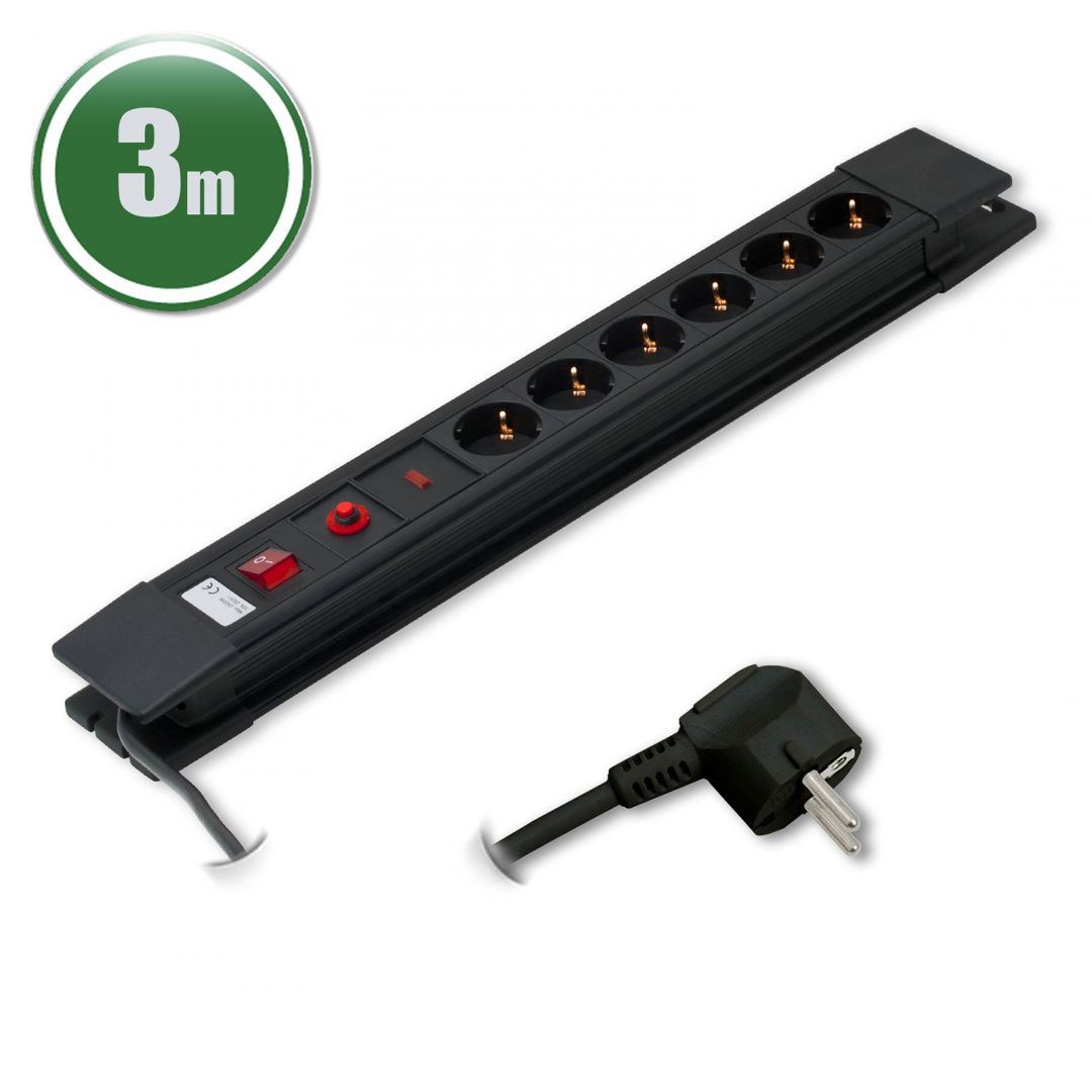 Delight Elosztó 6-os túlfeszültség és túláram védett, kapcsolós 3m Black