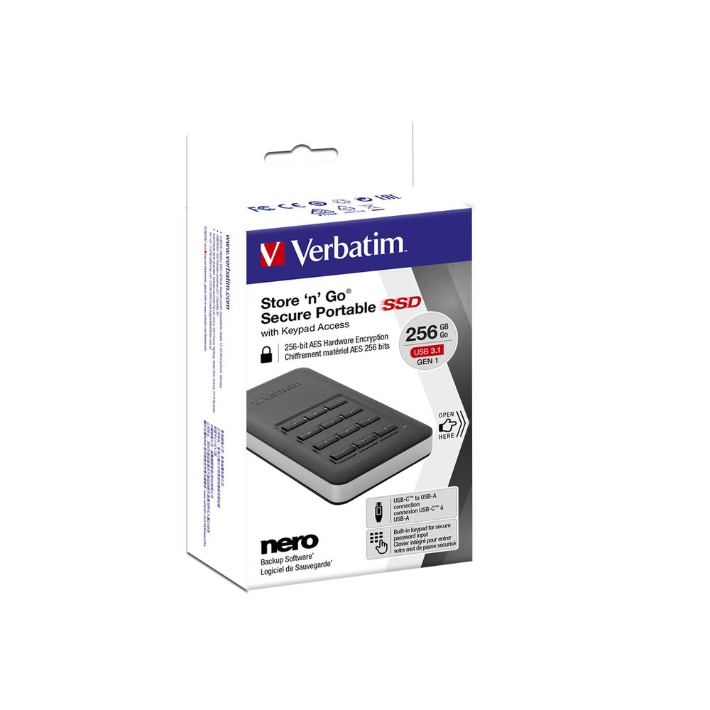 Verbatim 256GB USB3.1 Store 'n' Go Secure Portable SSD with Keypad Access