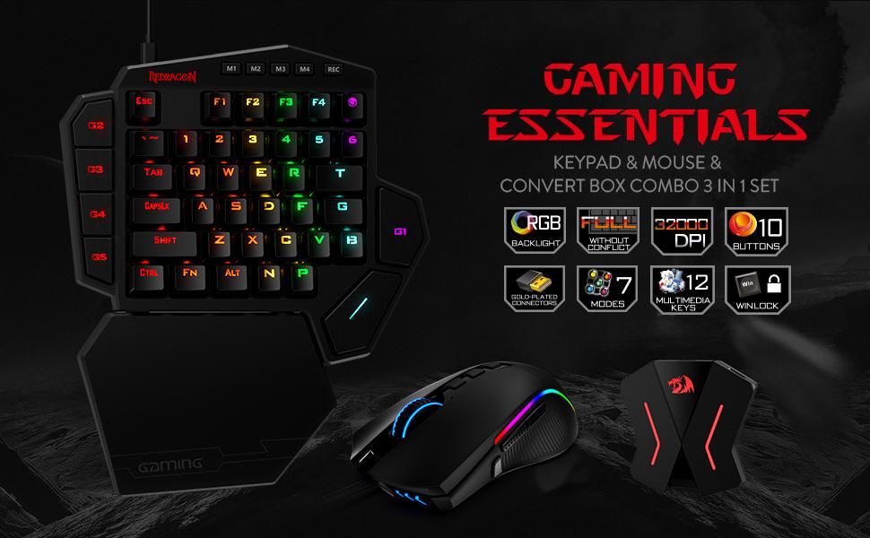 Redragon K585 One-handed RGB Gaming Keyboard Blue Switch and M721-Pro Mouse Combo with GA200 Converter for Xbox One/PS4/Switch/PS3/PC Black