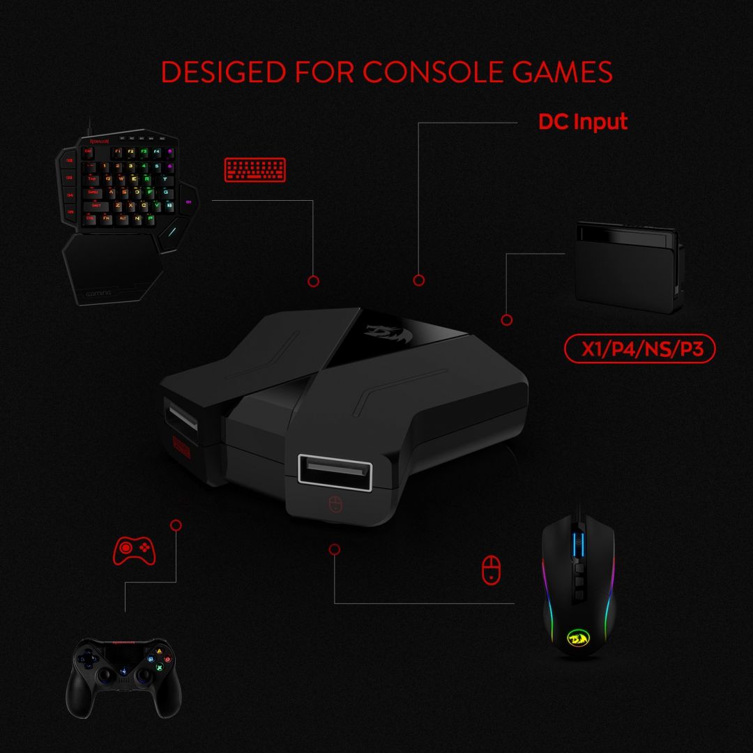 Redragon K585 One-handed RGB Gaming Keyboard Blue Switch and M721-Pro Mouse Combo with GA200 Converter for Xbox One/PS4/Switch/PS3/PC Black