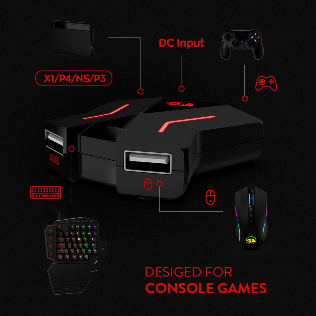 Redragon K585 One-handed RGB Gaming Keyboard Blue Switch and M721-Pro Mouse Combo with GA200 Converter for Xbox One/PS4/Switch/PS3/PC Black