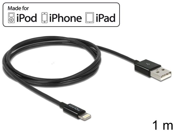 DeLock USB data and power cable for iPhone, iPad, iPod Black