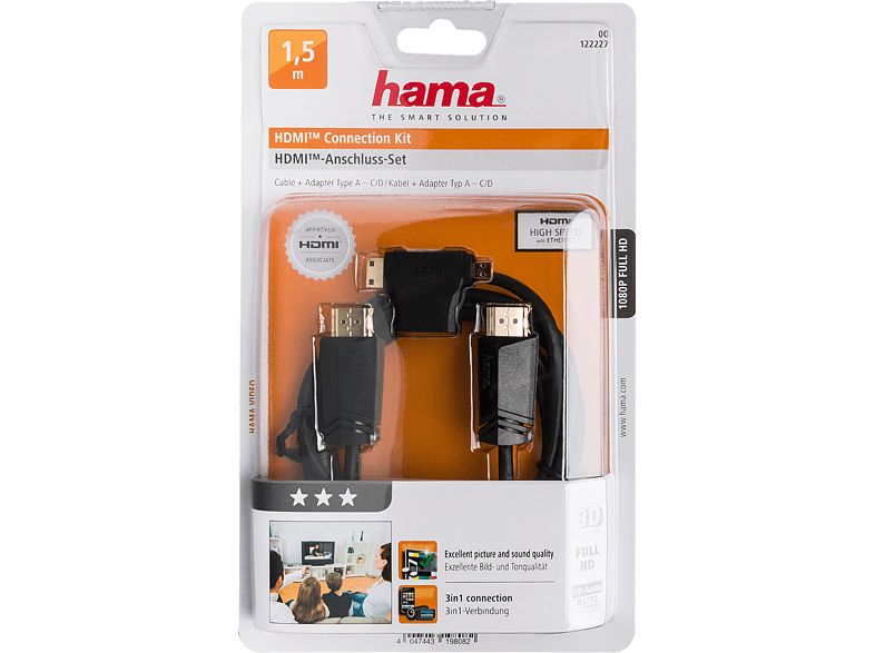 Hama High Speed HDMI cable Ethernet + Micro/Mini adapter 1,5m Black