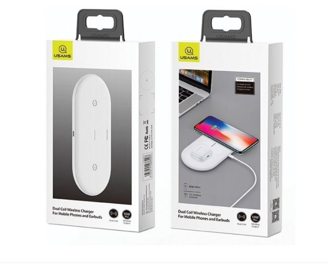 Usams US-CD120 Dual Coil Wireless Charger for Mobile Phones and Earbuds White
