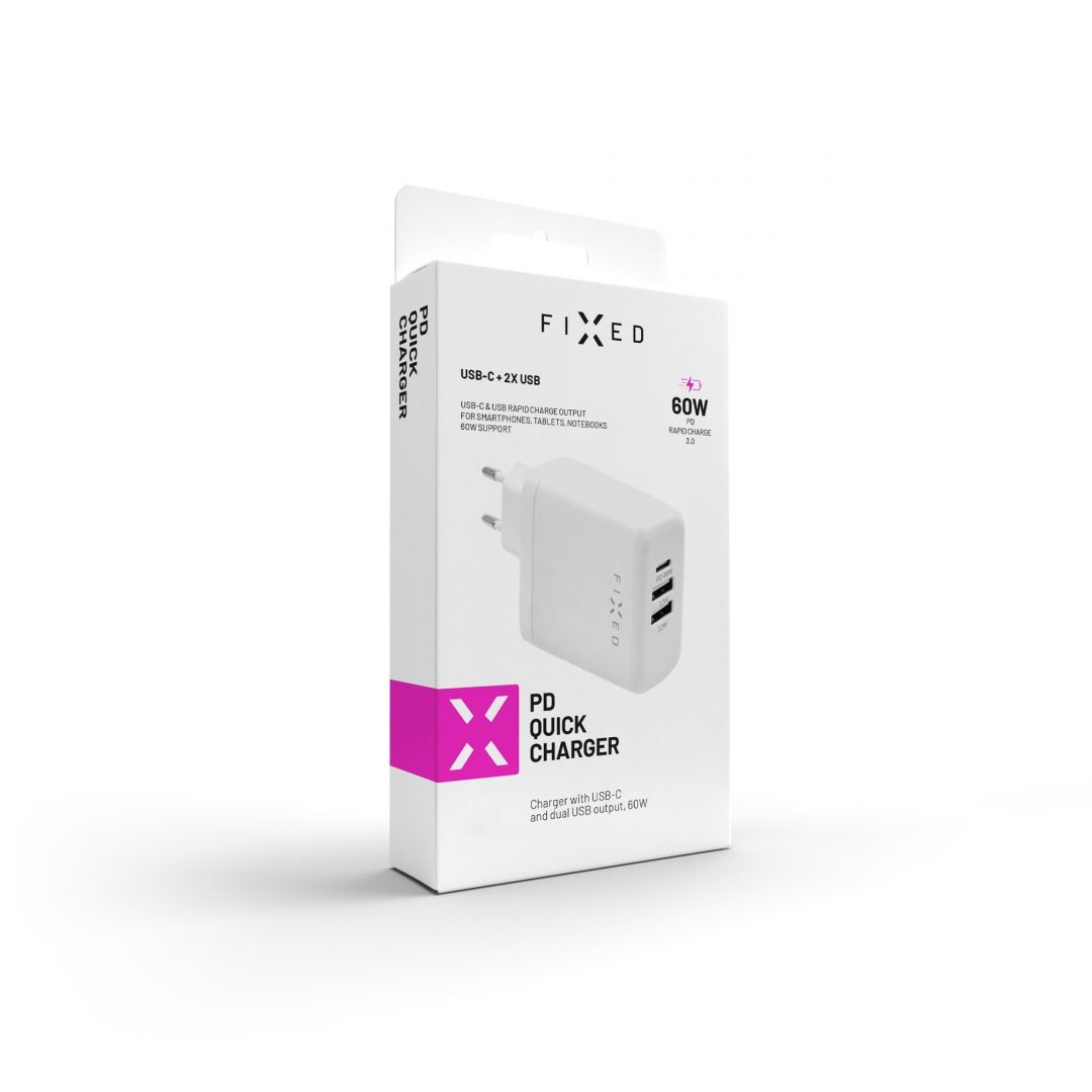 FIXED mains charger with USB-C and 2xUSB output, PD support, 60W, white