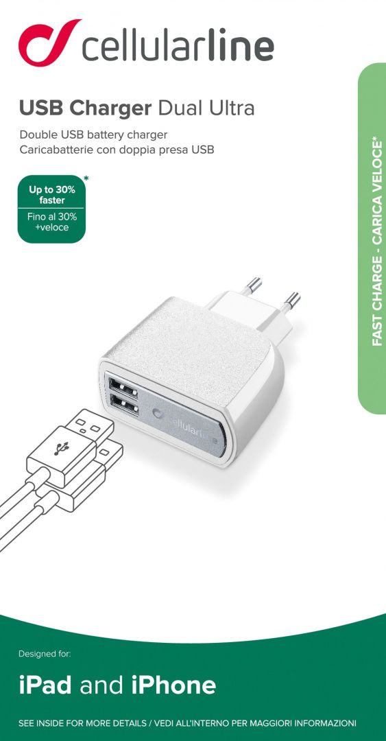 Cellularline mains charger with 2 x USB connector, 15W/3.1A, white