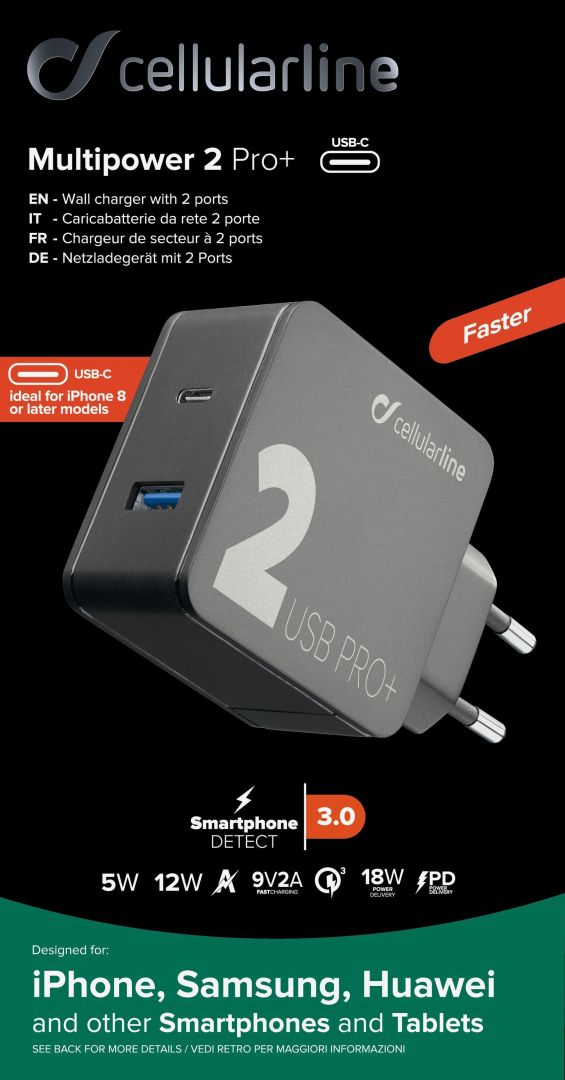 Cellularline Multipower 2 PRO mains charger + with Smartphone Detect technology, USB-C + USB port, 36W, black