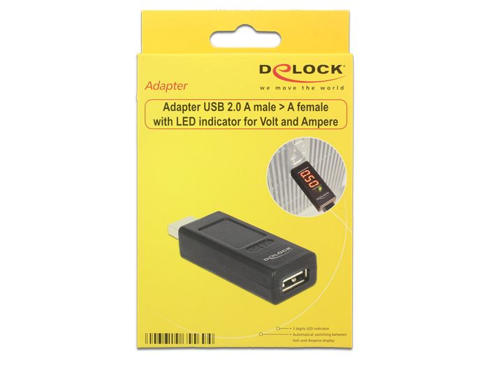 DeLock USB 2.0 A male > A female with LED indicator for Volt and Ampere adapter