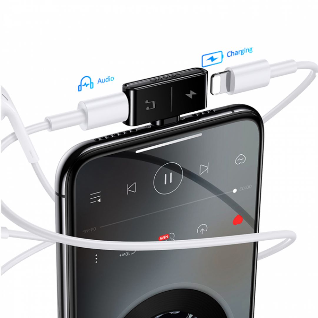 Usams US-SJ384 Dual Lightning Adapter to Lightning Headset Plug + Lightning Charger Plug Black