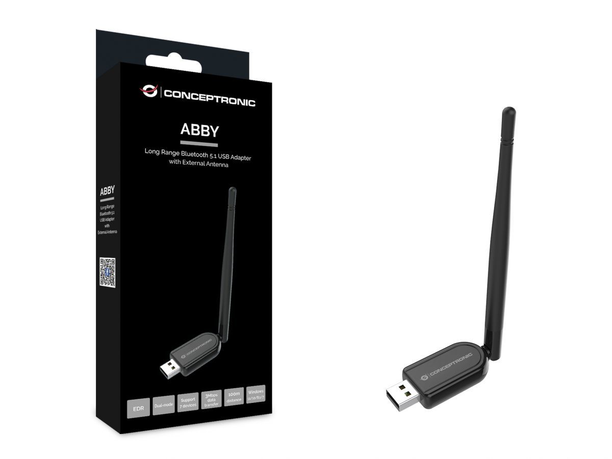 Conceptronic ABBY07B Long Range Bluetooth 5.1 USB Adapter with External Antenna