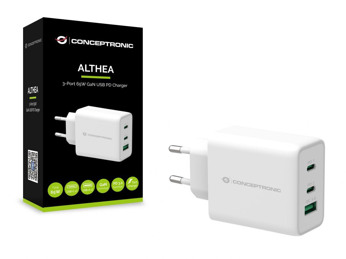 Conceptronic ALTHEA12W 3-Port 65W GaN USB PD Charger White