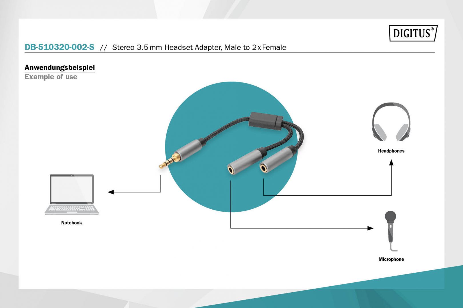 Digitus DB-510320-002-S Audio Headset Adapter 3.5mm jack to 2x 3.5mm socket Black