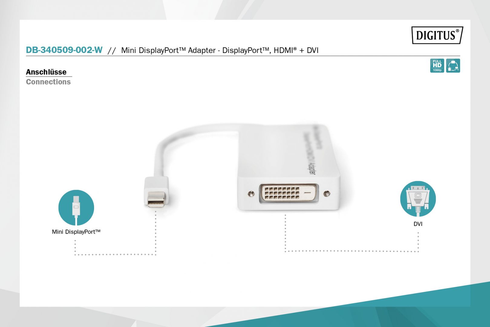 Digitus Mini DisplayPort Adapter/Converter Mini DP to DisplayPort HDMI+DVI 0,2m White