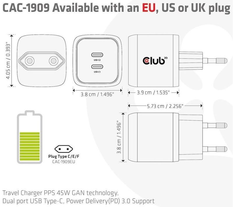 Club3D USB Charger Black+USB-C cable Red