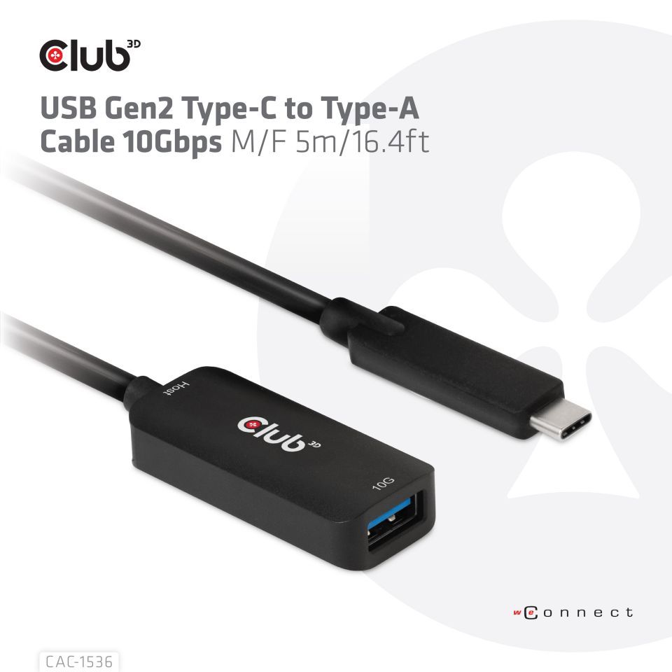 Club3D USB Gen2 Type-C to Type-A cable 5m Black