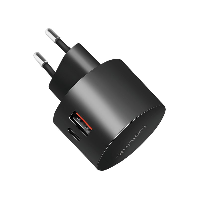 Logilink Dual USB fast charging socket adapter 1x USB-C (PD) 1x USB-A (QC) 20W round Black