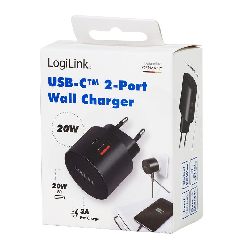 Logilink Dual USB fast charging socket adapter 1x USB-C (PD) 1x USB-A (QC) 20W round Black