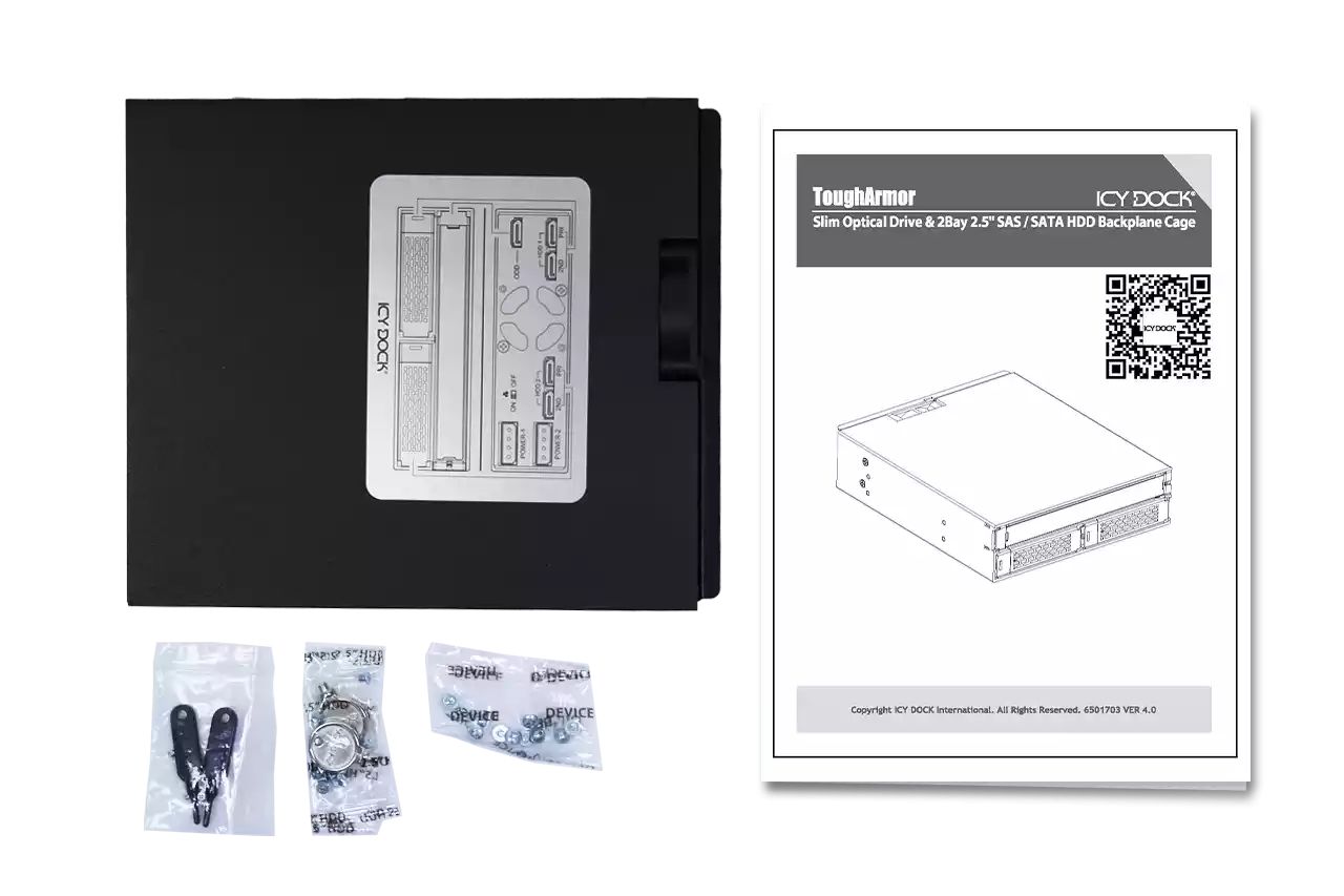 IcyDock ToughArmor MB994IKO-3SB Rugged Full Metal 2 Bay 2.5" SAS/SATA HDD & SSD Backplane Cage with Slim ODD Tray and Locking Trays for External 5.25" Bay