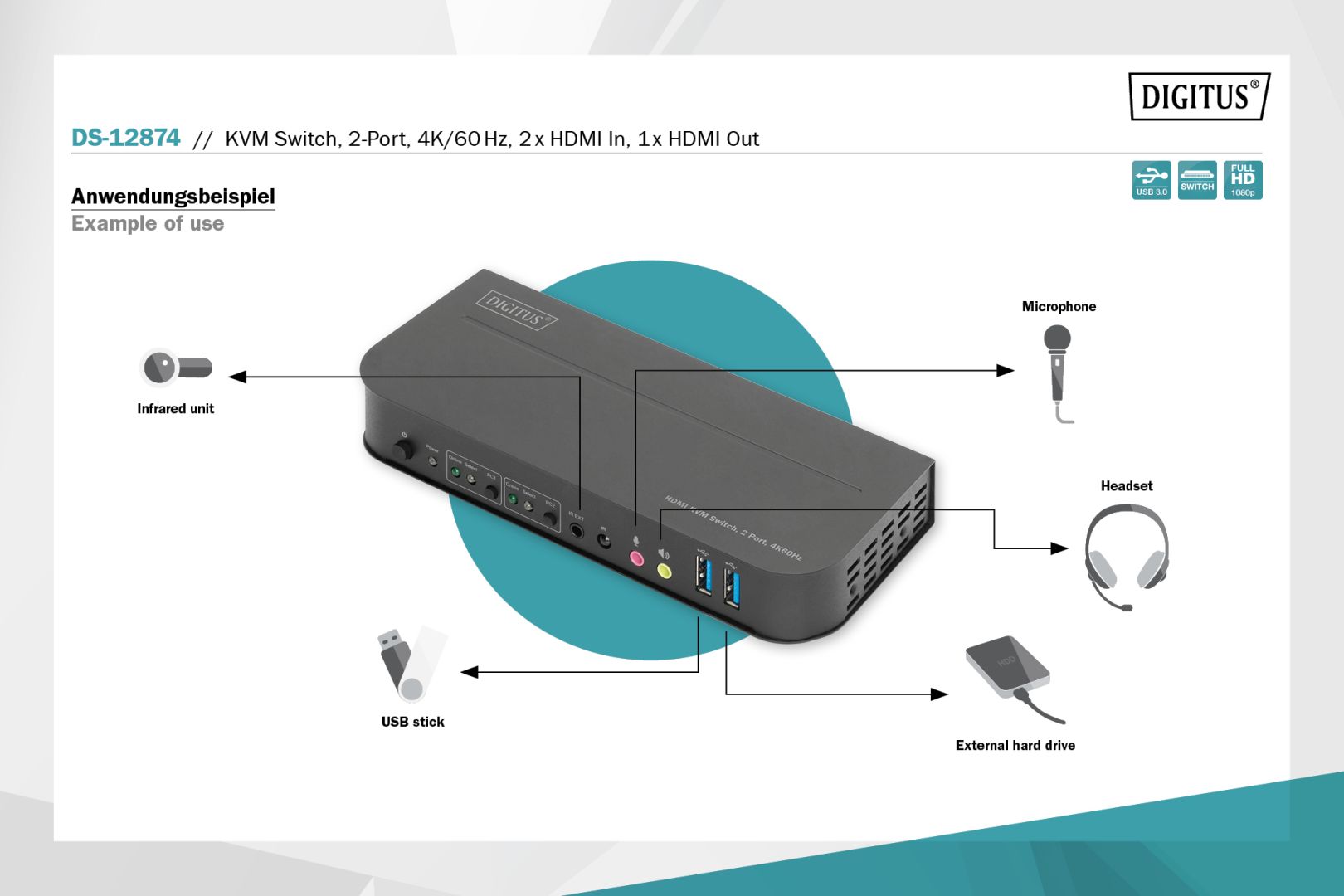 Digitus KVM Switch 2x1 HDMI HDMI Out USB 4Kx2K@60Hz Black