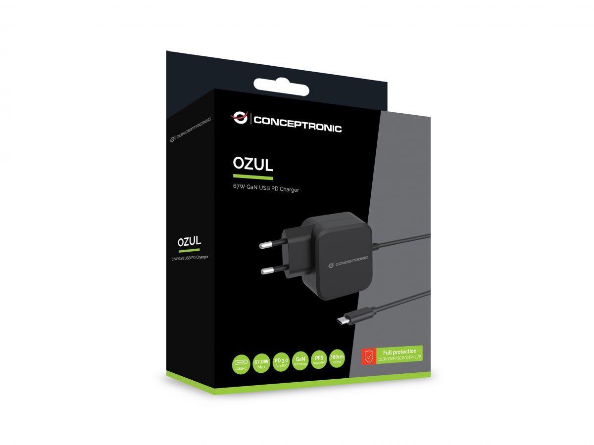 Conceptronic OZUL04BE 67W GaN USB PD Charger Built-in USB-C Cable Black