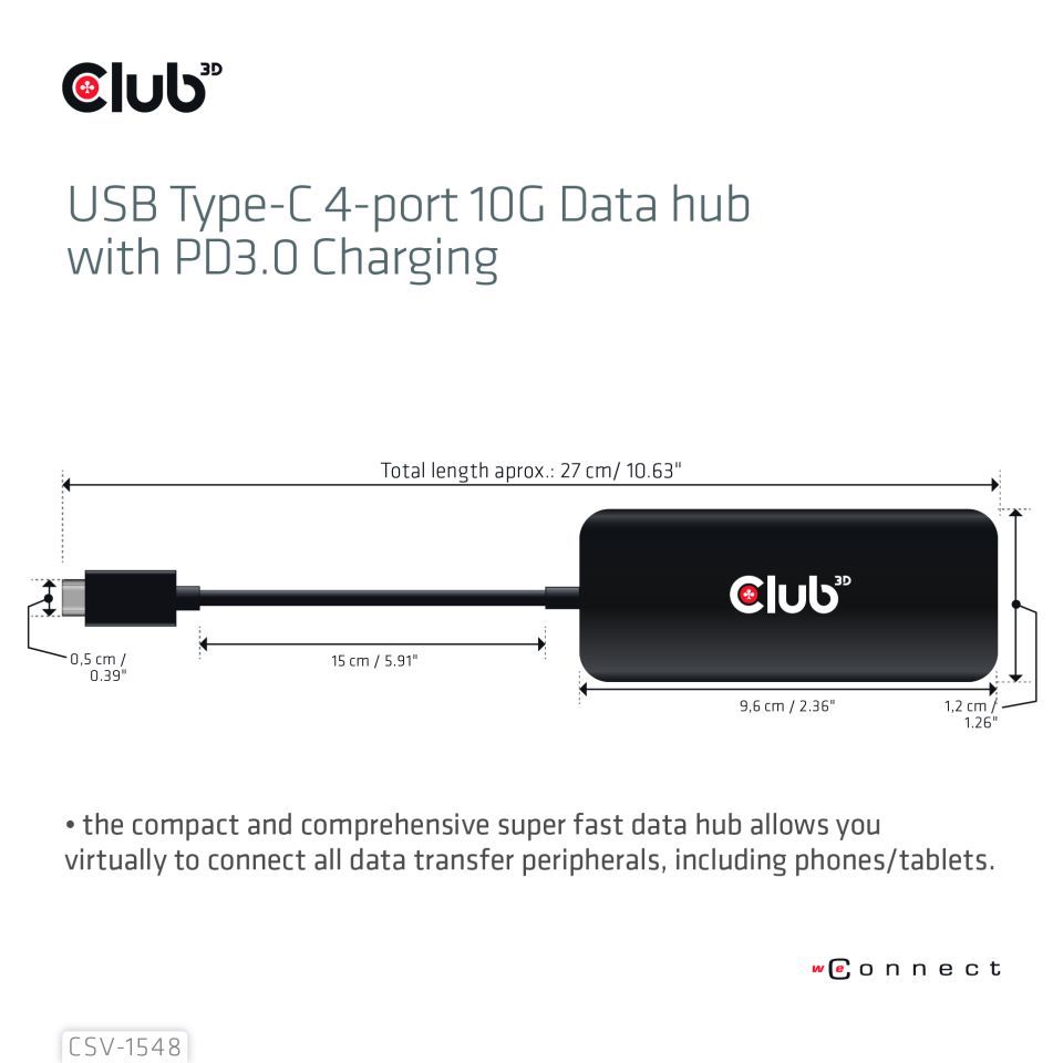 Club3D USB Type-C 4-port 10G Data hub with PD3.0 Charging Black