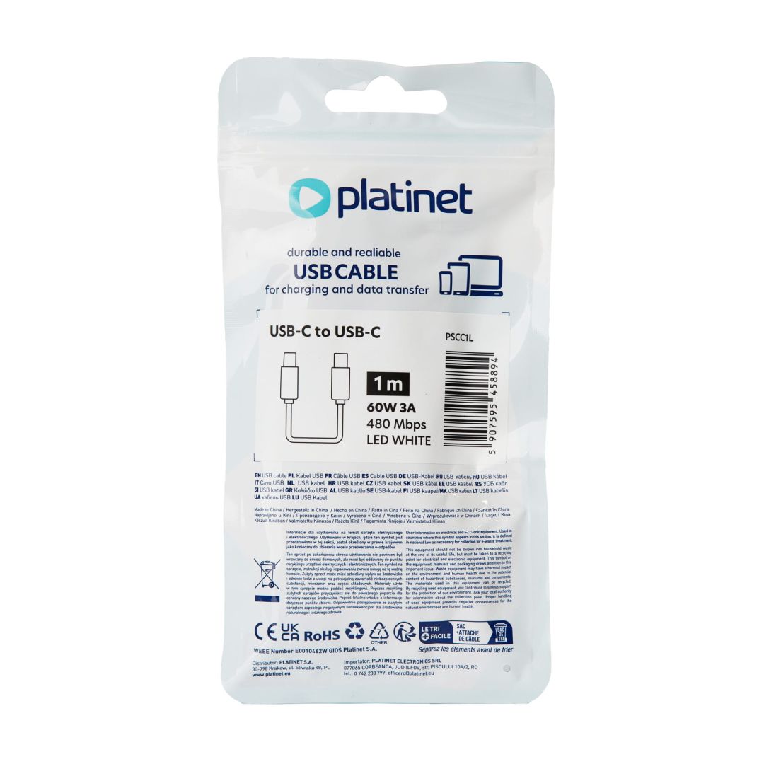 Platinet USB-C to USB-C 60W LED Cable 1m White