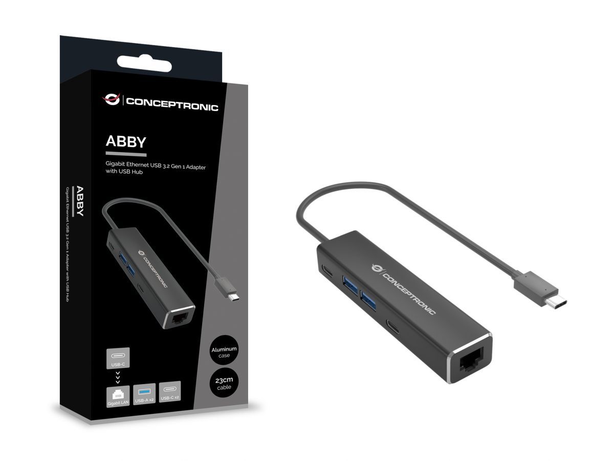 Conceptronic ABBY14B USB 3.2 Gen 1 2.5GbE Network Adapter with 4-Port USB Hub