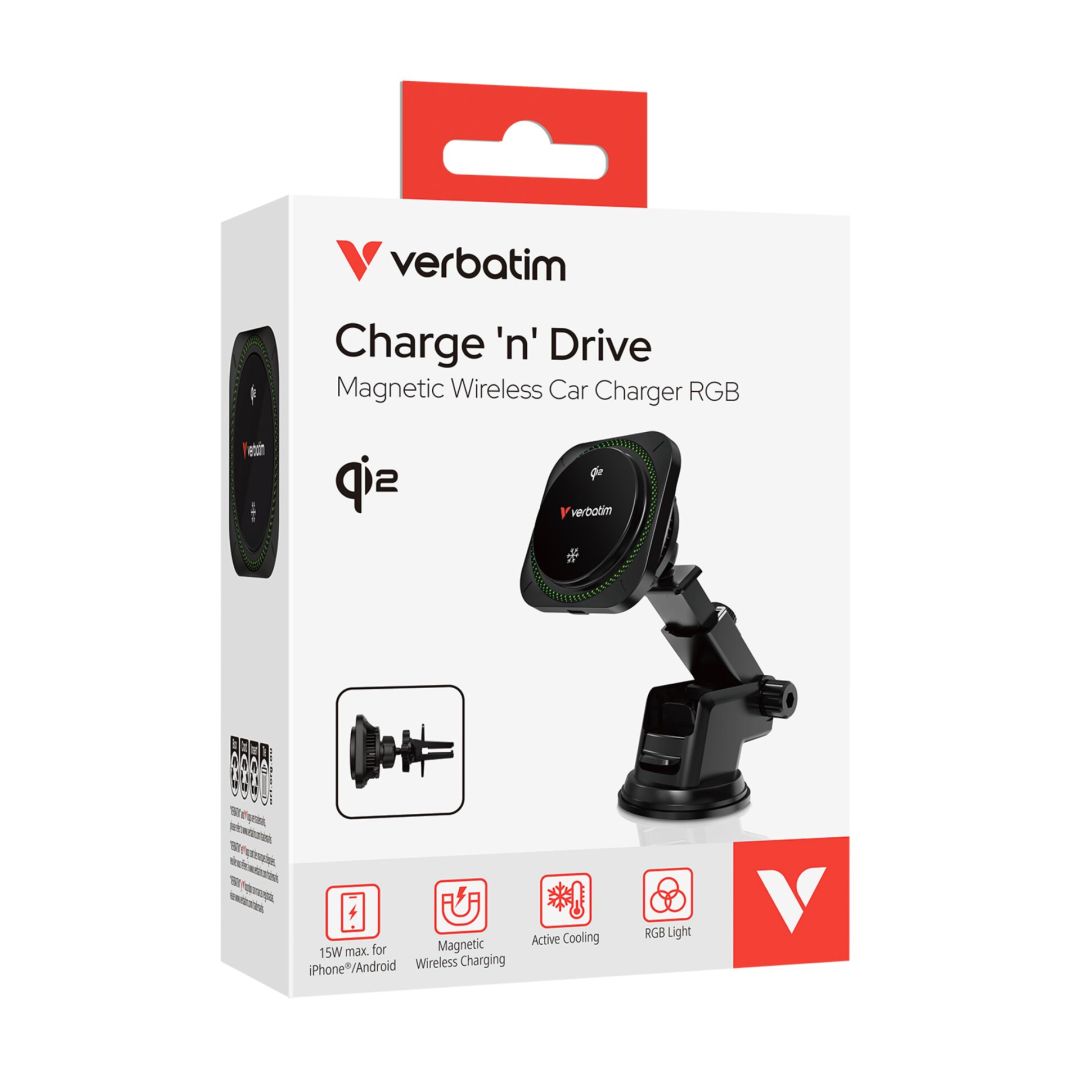 Verbatim Charge´n´Drive Magnetic Wireless Car Charger Qi2 Technology and RGB Lighting Black
