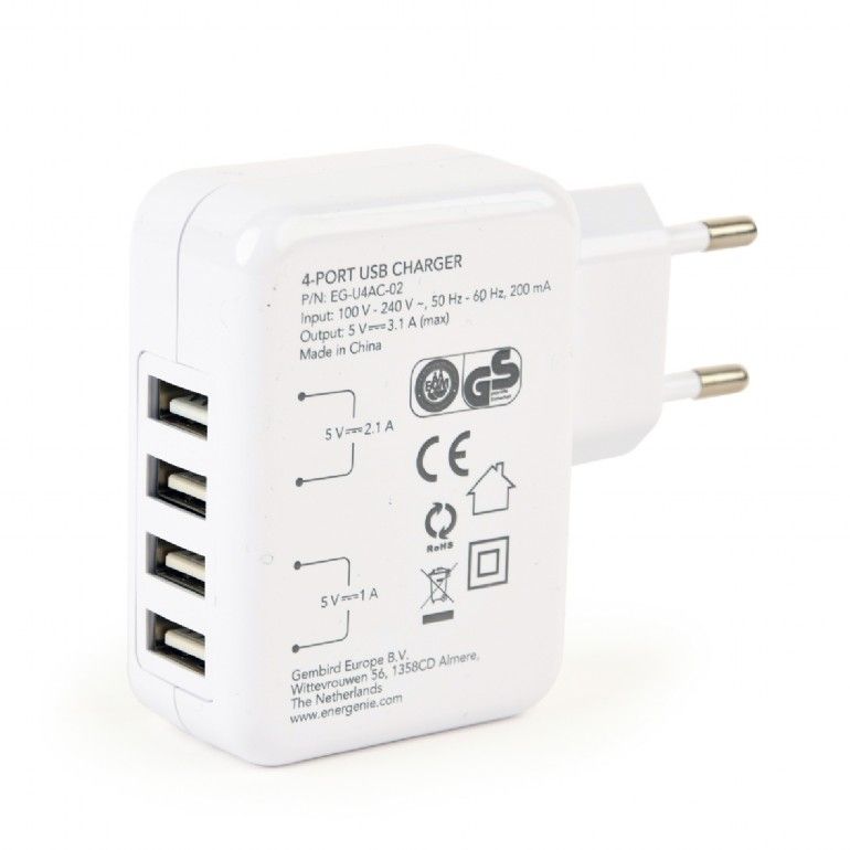 Gembird EG-U4AC-02 Universal USB Charger White
