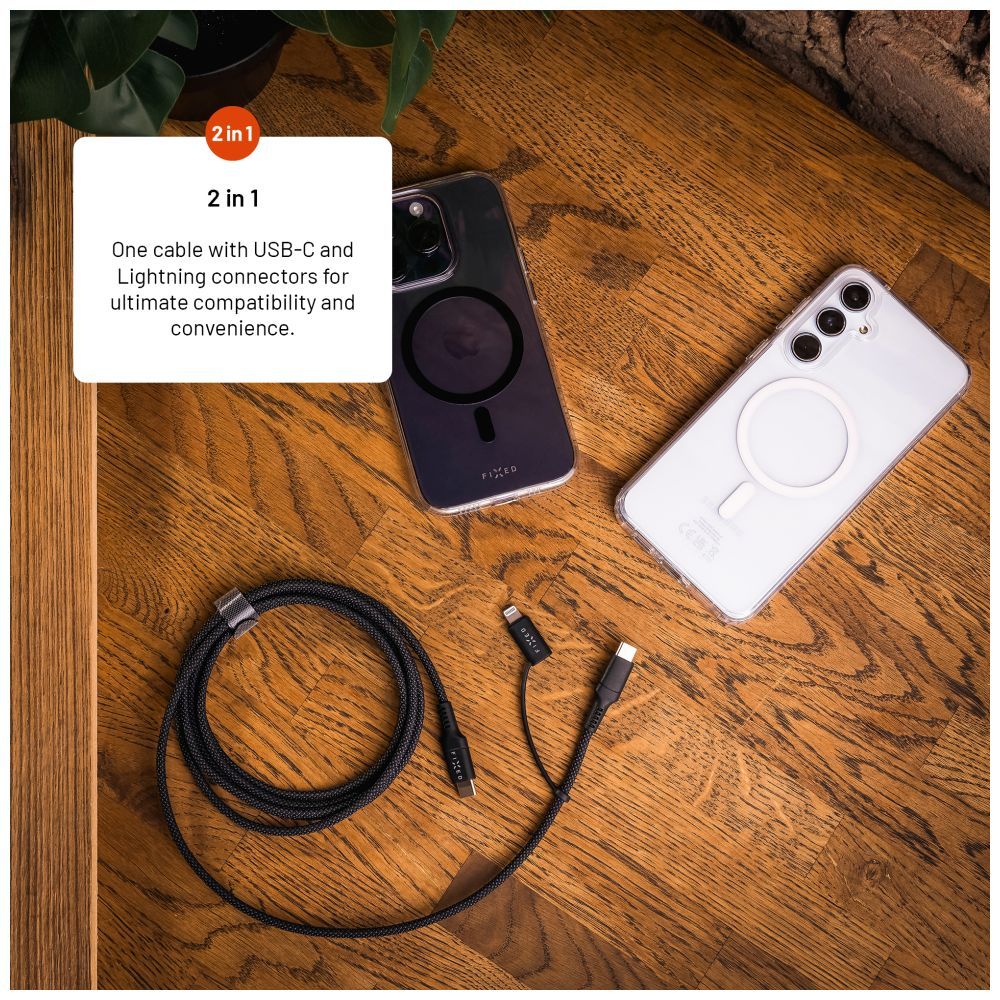 FIXED Braided Cable USB-C/USB-C, Lightning Adapter, 3m, MFi, PD 60W, gray