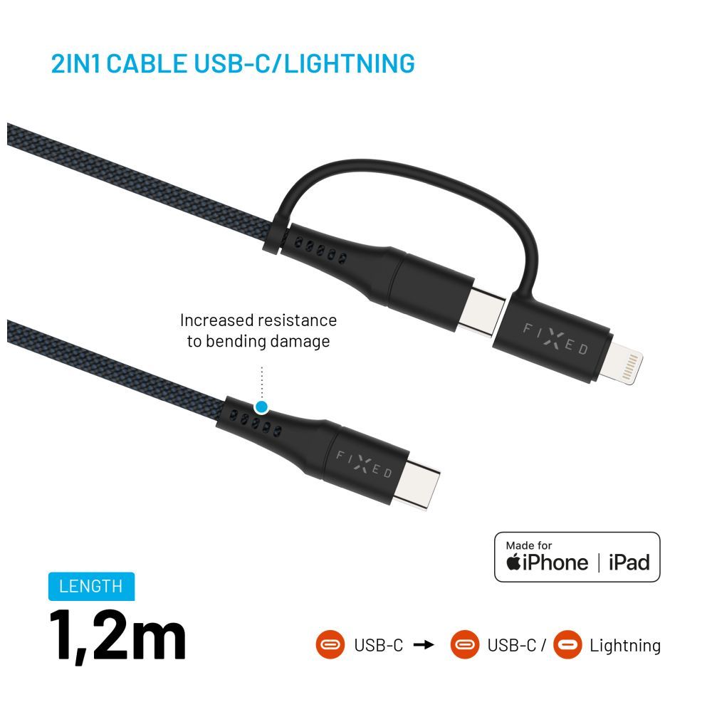 FIXED Braided Cable USB-C/USB-C, Lightning Adapter, 1,2m, MFi, PD 60W, gray