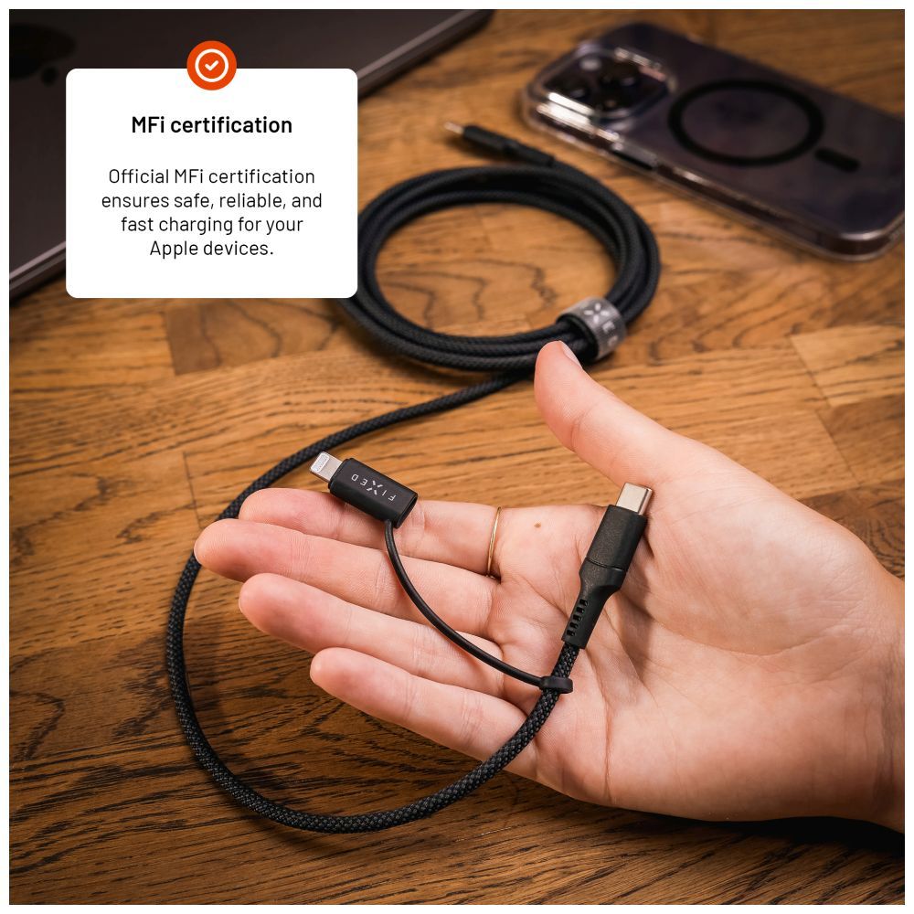 FIXED Braided Cable USB-C/USB-C, Lightning Adapter, 1,2m, MFi, PD 60W, gray