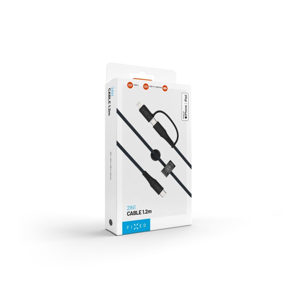 FIXED Braided Cable USB-C/USB-C, Lightning Adapter, 1,2m, MFi, PD 60W, gray