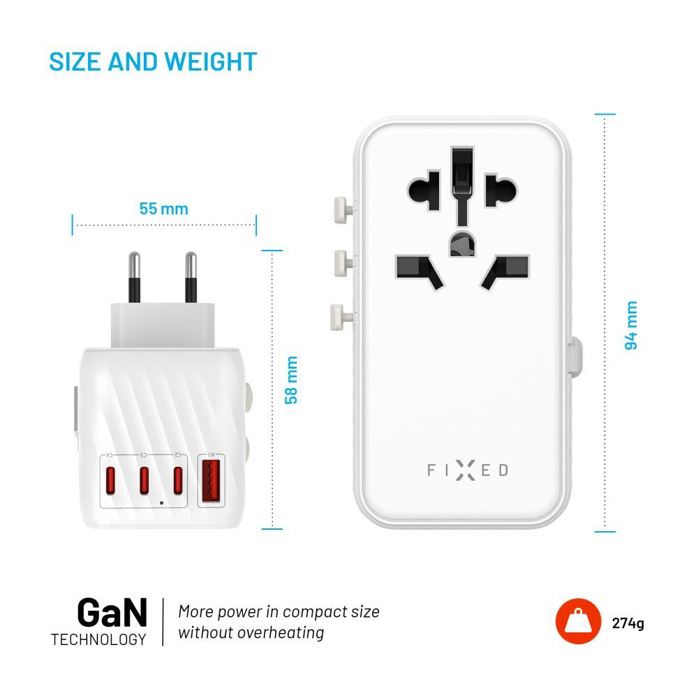 FIXED Voyager utazó adapter 4xUSB-C/1xUSB GaN 85W, fehér