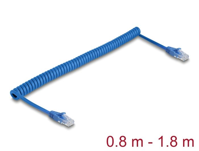 DeLock RJ45 Coiled Cable plug to plug Cat.6 UTP 0.8 m to 1,8m Blue