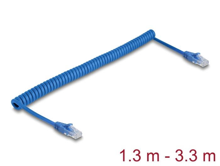 DeLock RJ45 Coiled Cable plug to plug Cat.6 UTP 1.3 m to 3,3m Blue