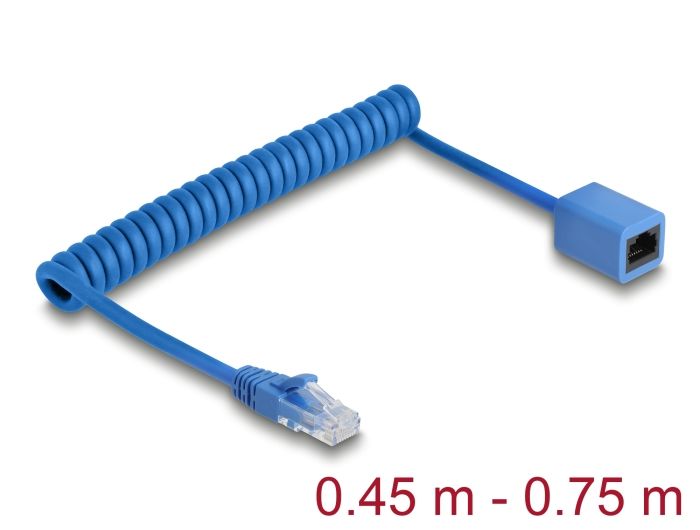 DeLock RJ45 Coiled Cable plug to jack Cat.6 UTP 0.45 m to 0,75m Blue