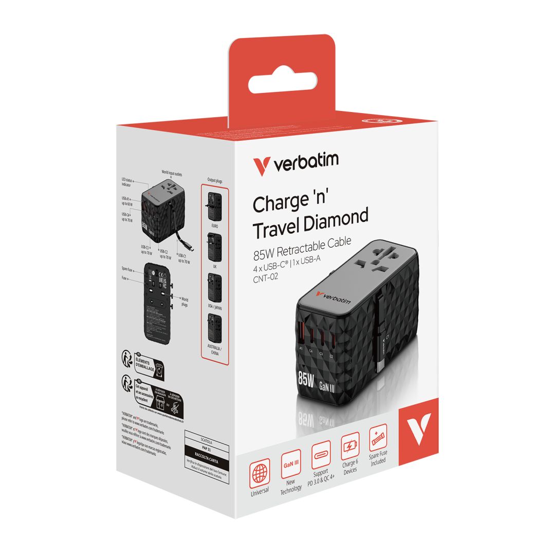 Verbatim Charge ''n'' Travel GaN III Universal Travel Adapter 85W