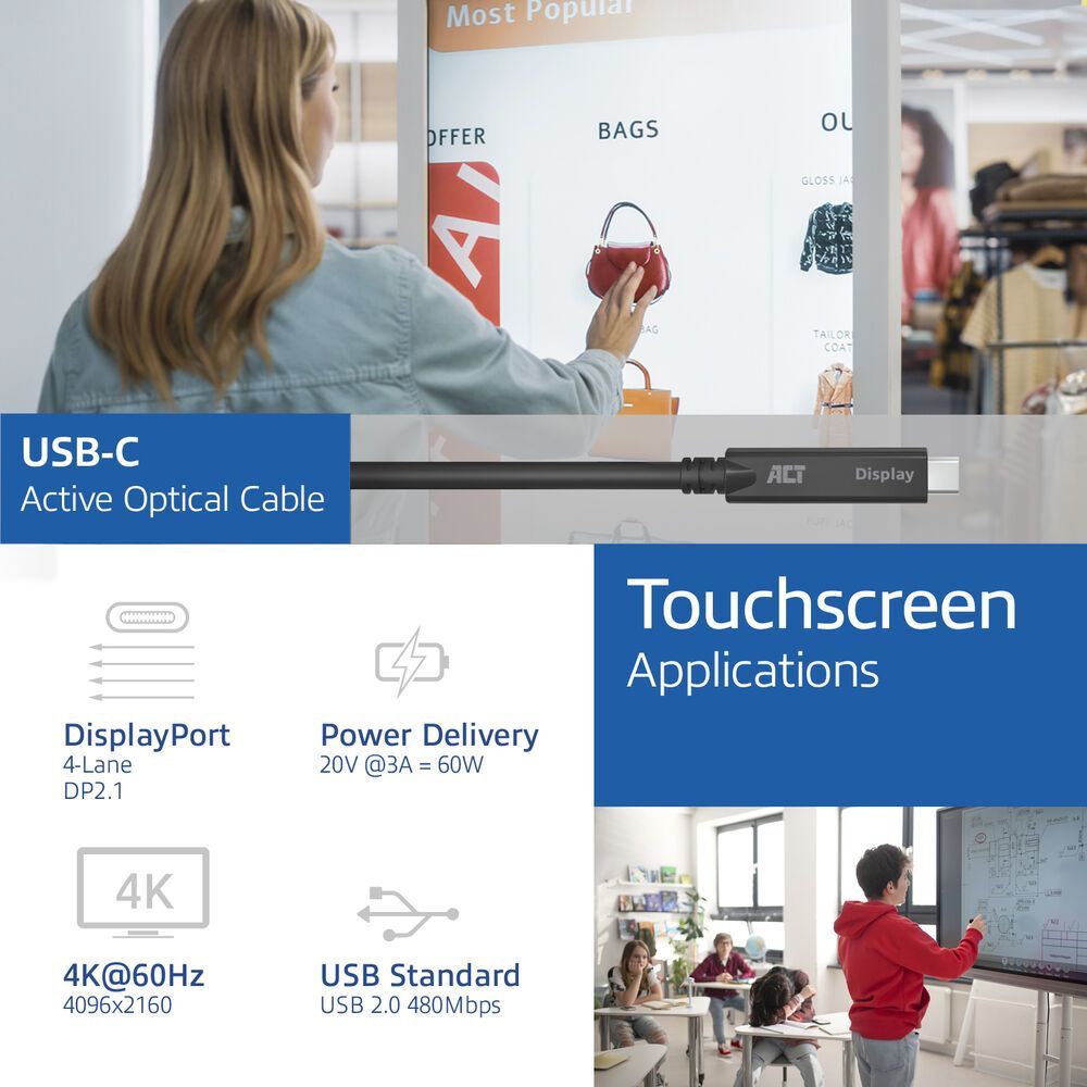 ACT USB-C 3.2 Gen2 Active Optical Cable (AOC) for touch panels video data, power 15m Black