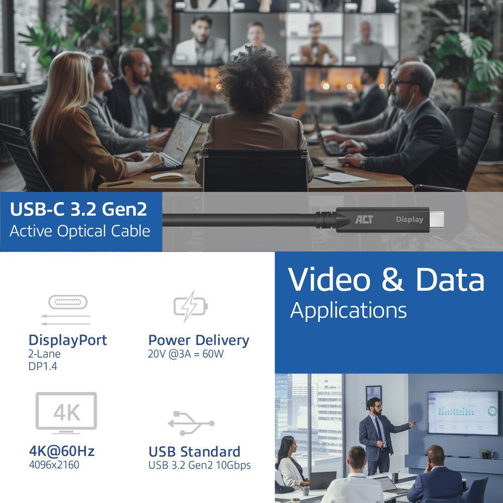 ACT USB-C 3.2 Gen2 Active Optical Cable (AOC) for touch panels video data, power 15m Black