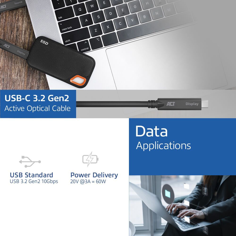 ACT USB-C 3.2 Gen2 Active Optical Cable (AOC) for touch panels video data, power 15m Black