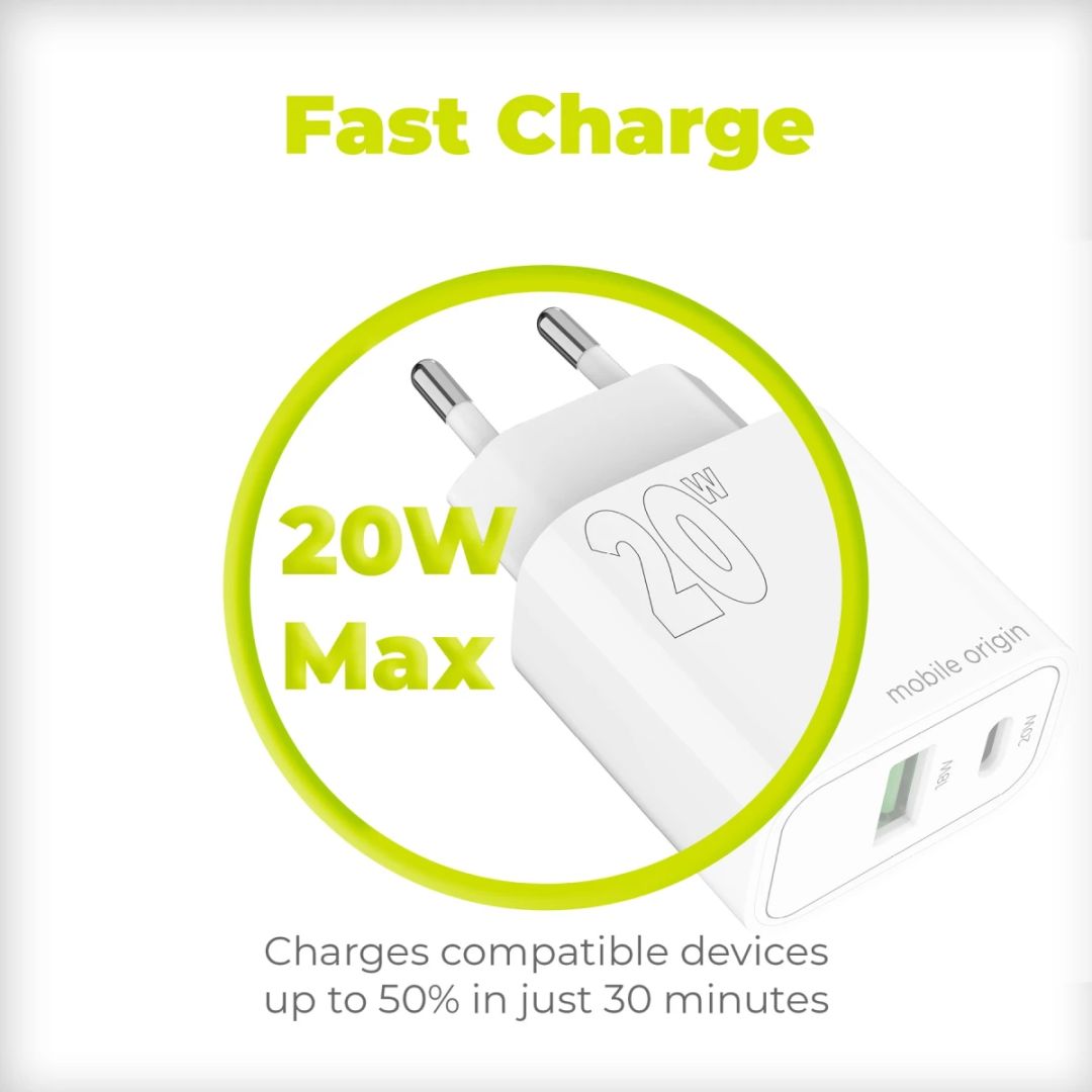 Mobile Origin PD20W Wall Charger MO12, 1 USB-A + 1 USB-C