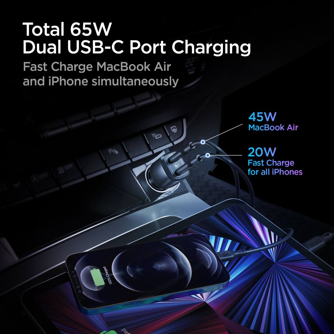 Spigen PowerArc ArcStation Car Charger 2-Port/USB-C PD 3.0 45W/USB-C PD 3.0 20W /Total 65W Black